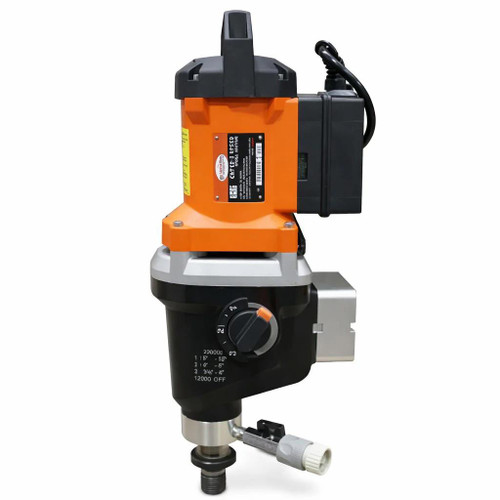 Diamond Tools Core Bore Drill Motor - CB 733 Electric 3-Speed Drill Motor, industrial power tool with black and orange casing, featuring adjustable speed dial and a sturdy mounting base for core drilling.