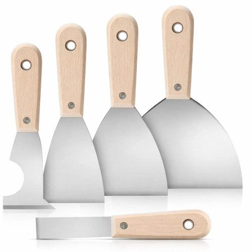 HMA Lab Supply 5-Piece Scraper Tool Putty Knife Set, set of five spatula-like scrapers with wooden handles and stainless steel blades for painting, drywall, and putty work.