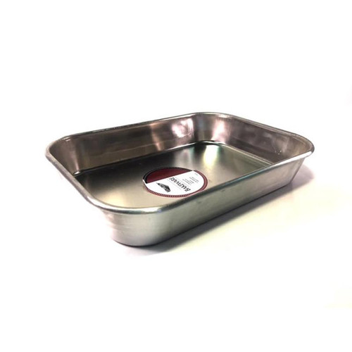 HMA Lab Supply Aluminum Pan, Lightweight, 13-3/4in x 9-3/4in x 2-1/4in, stainless steel with a flat base and rounded edges for baking or laboratory use.