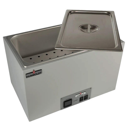 HMA Lab Supply Water Bath with Passive Circulation, Stainless Steel, 180F, 7.76 Gal, showing a rectangular stainless steel water bath with lid and stainless steel insert for temperature control.