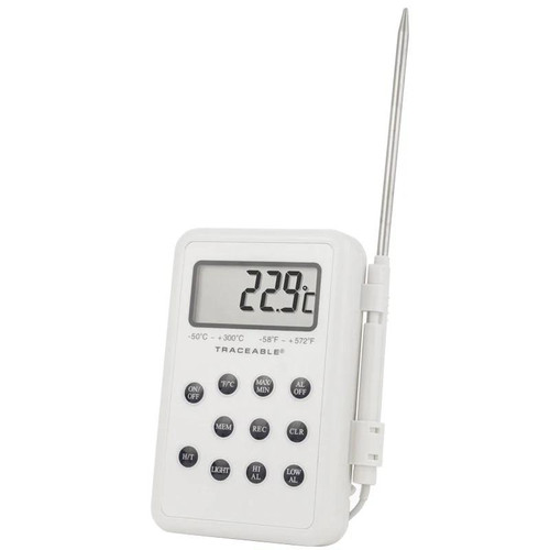 Traceable Instruments Digital Waterproof Data Logging Thermistor Thermometer, NIST, with LCD display showing temperature 22.9°C and a probe for temperature measurement.