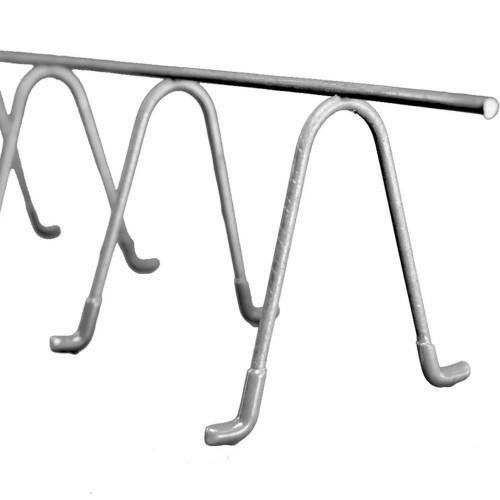 Dayton Superior Continuous Rebar High Chair Support, 4in x 5ft, Plastic Tipped, close-up of industrial construction support with a metal rod and multiple bent legs with plastic tips for stability.