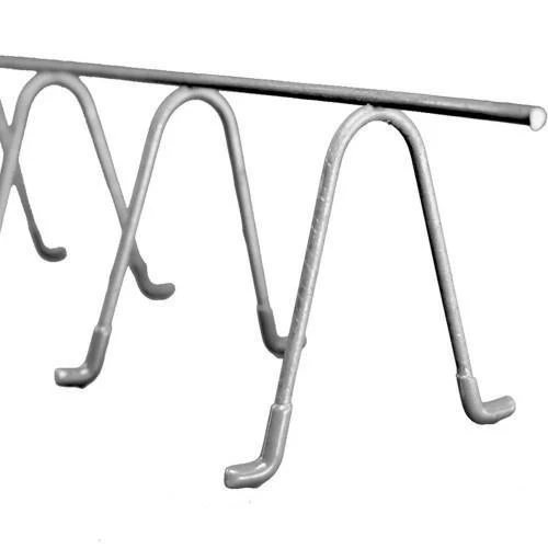 Dayton Superior Continuous Rebar High Chair Support, 5in x 5ft, Plastic Tipped, close-up of the metallic support with plastic tips on the legs.