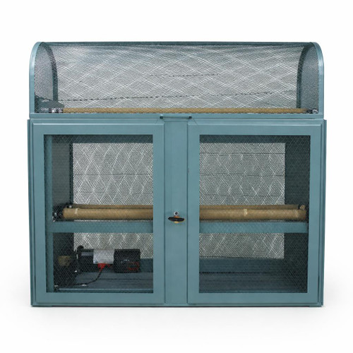 US Stoneware Jar Mill, 802FVM, 1HP, TE 230/460/60/3 Independent Dual Drive, industrial lab equipment with metal mesh enclosure and dual drive system for material grinding.