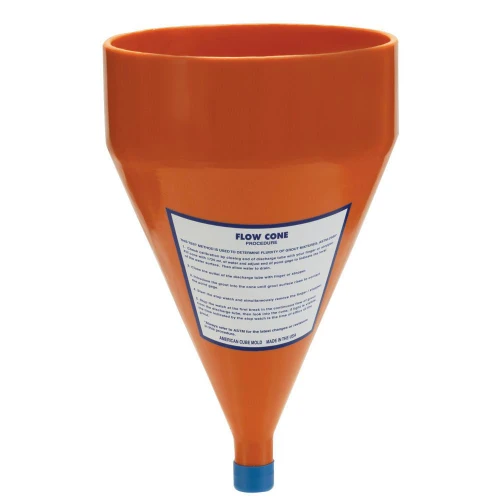 CMTE Grout Flow Cone, Plastic, 1/2in Orifice, safety orange plastic flow cone used for grout mixture flow testing.