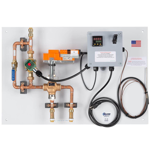Gilson Company Moisture Room Control Panel for Curing, electronic control box with digital display, wiring, and plumbing connections for maintaining moisture levels in curing rooms.
