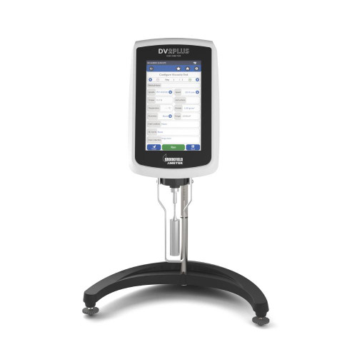 Brookfield DVPlus Viscometer, RV Torque, Magnetic, Point and Jewel, No Bluetooth, a digital viscometer with a touchscreen display, mounted on a stand with a spindle and sample holder.