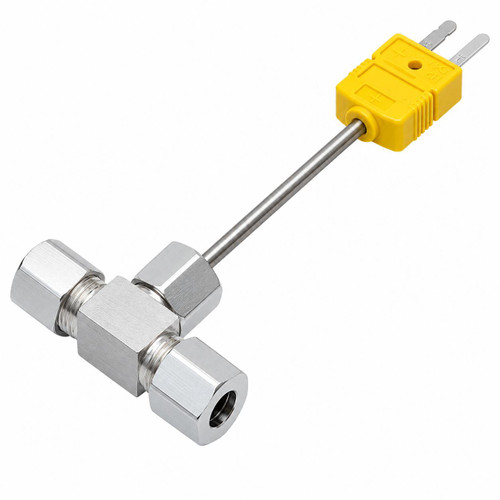 Gilson Company Type K 3.375-inch Flow-Through Thermocouple Probe, -250–450F, with metal sensor, yellow inspection port, and stainless steel body for temperature measurement.