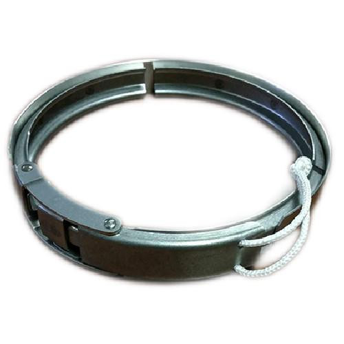 CMTE Stainless Steel Clamp Assembly for Volumetair Air Meter, circular metal clamp with secure locking mechanism and attached safety cord.