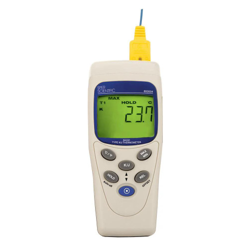 Gilson Company Single Channel Basic Type K or J Thermometer, digital thermometer with a yellow probe and large LCD display showing 23.7°C, used for precise temperature measurement.