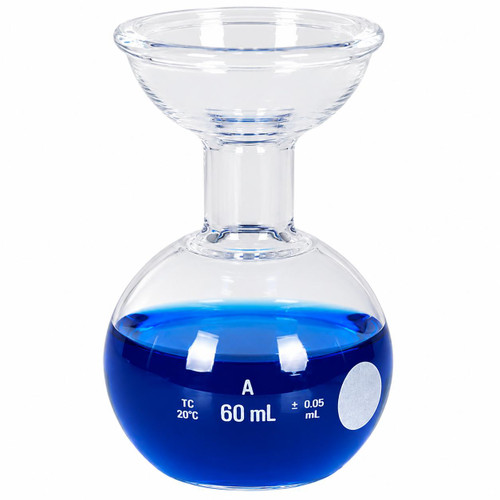 Gilson Company 60ml Receiving Flask for Saybolt Viscometer, a clear glass laboratory flask with a round bottom filled with blue liquid and marked with volume and temperature specifications.