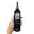 Sper Scientific Graphic Display Sound Meter, handheld digital sound level meter with LCD screen showing 82.4 dBA reading and various control buttons.