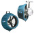 Jaybird Manufacturing Jaybird Aquafog TurboXE Fogging Fan, Explosion-Proof, blue industrial fogging fan with protective grille and adjustable mounting arm.