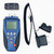 Sper Scientific Multifunction Moisture Meter with Psychrometer, blue digital handheld device with LCD screen and various control buttons, attached to a black coiled sensor wire, with a black remote probe and two black plug adapters for humidity and moisture measurement.