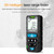 Mestek Laser Distance Meter with LCD Backlight, 50 Meters, compact handheld measuring device with digital display, function buttons, and bubble level for accurate measurements.