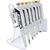Oxford Lab Products Accupet Pro Multi-Channel Pipette, 12-Channel, 30 to 300 Microliters, with white body and color-coded tips, mounted on a stand with a labeling system.