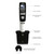 Oxford Lab Products BenchMate Electronic Pipette, 8-Channel, 10 to 200 Microliters, shown with labeled features including intuitive display, easy-to-use buttons, ergonomic finger hook, autoclavable lower assembly, computer-controlled aspiration and dispensing, universal tip cones, and specially designed tip cones with O-rings for leak-free pipetting.