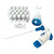 Oxford Lab Products AccuHelp Pipette Controller, Red, with a blue and white ergonomic design, a long adjustable pipette tip, and a variety of laboratory bottles in the background.
