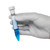 Oxford Lab Products Conical Centrifuge Tubes, Sterile, 15ml, case of 500 with 25 packs of 25 tubes, shown in a hand with a gloved finger holding a blue liquid sample in a laboratory test tube.