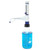 Oxford Lab Products AccuTop Bottle Top Dispenser Without Re-Circulation, 2.5-30 mL, image of a laboratory bottle dispenser with a white and blue design dispensing blue liquid into a glass bottle.