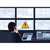 Lab Companion OF4-10PW Forced Convection Oven, Program (112L, 120V, 60Hz), control room with multiple surveillance screens showing various external ovens and an warning icon indicating a security alert.