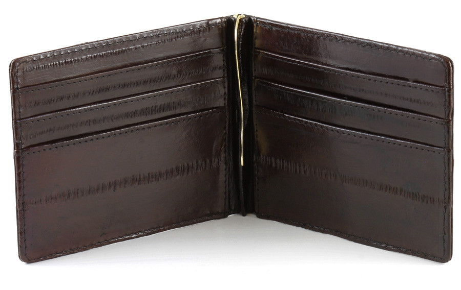 Genuine Pacific Eel Skin Leather Bifold Wallet - Handmade In USA, Black, All Leather Lining