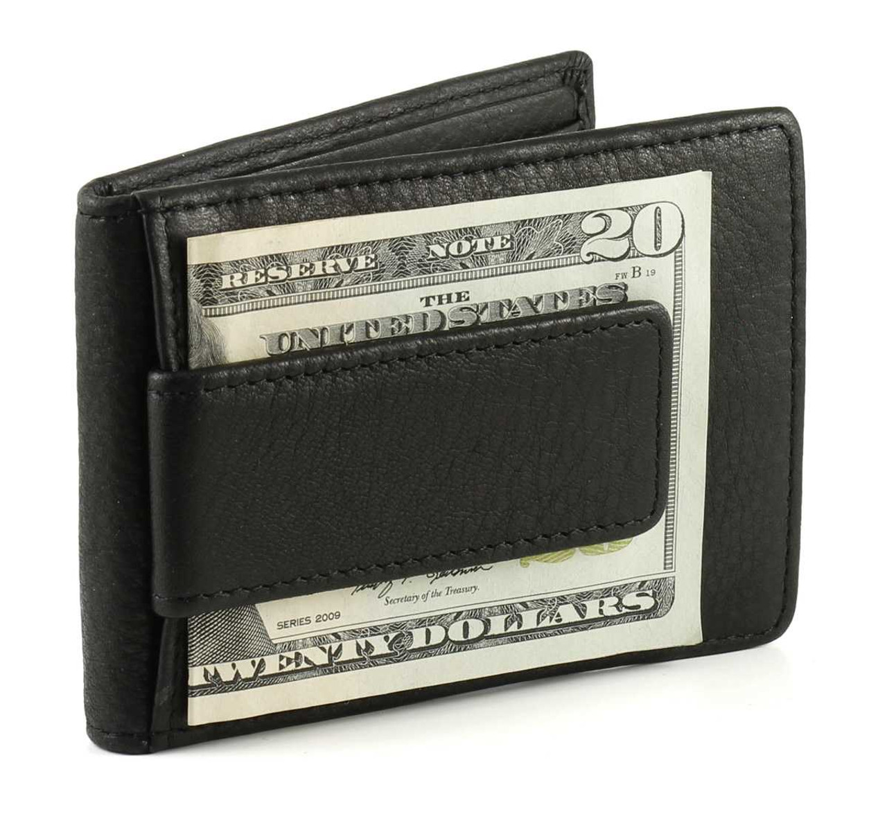 BLACK LEATHER BIFOLD MONEY CLIP Credit Wallet Holder Metal ID