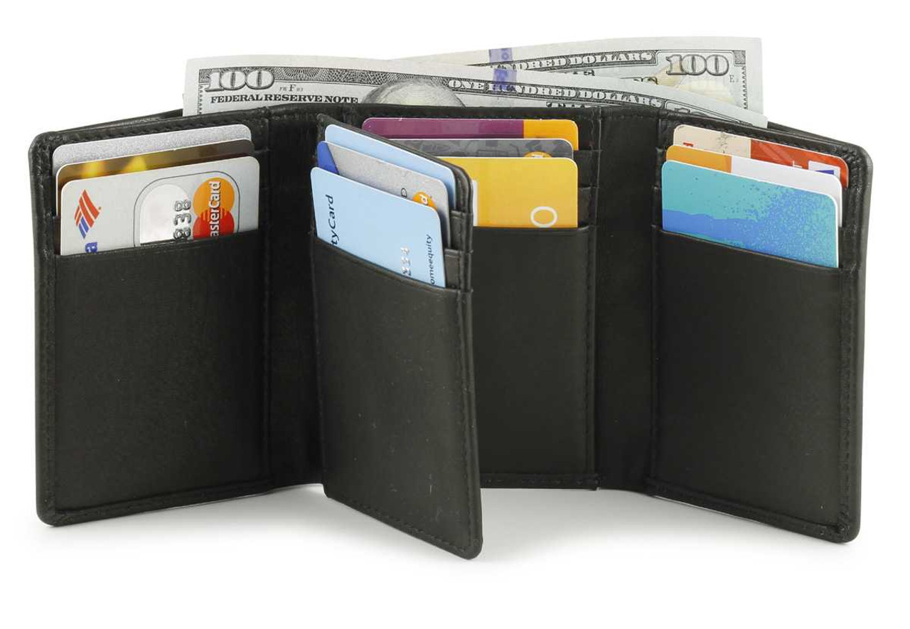 Small Men's Leather Trifold Wallet - 12 Card Slots - RFID Blocking