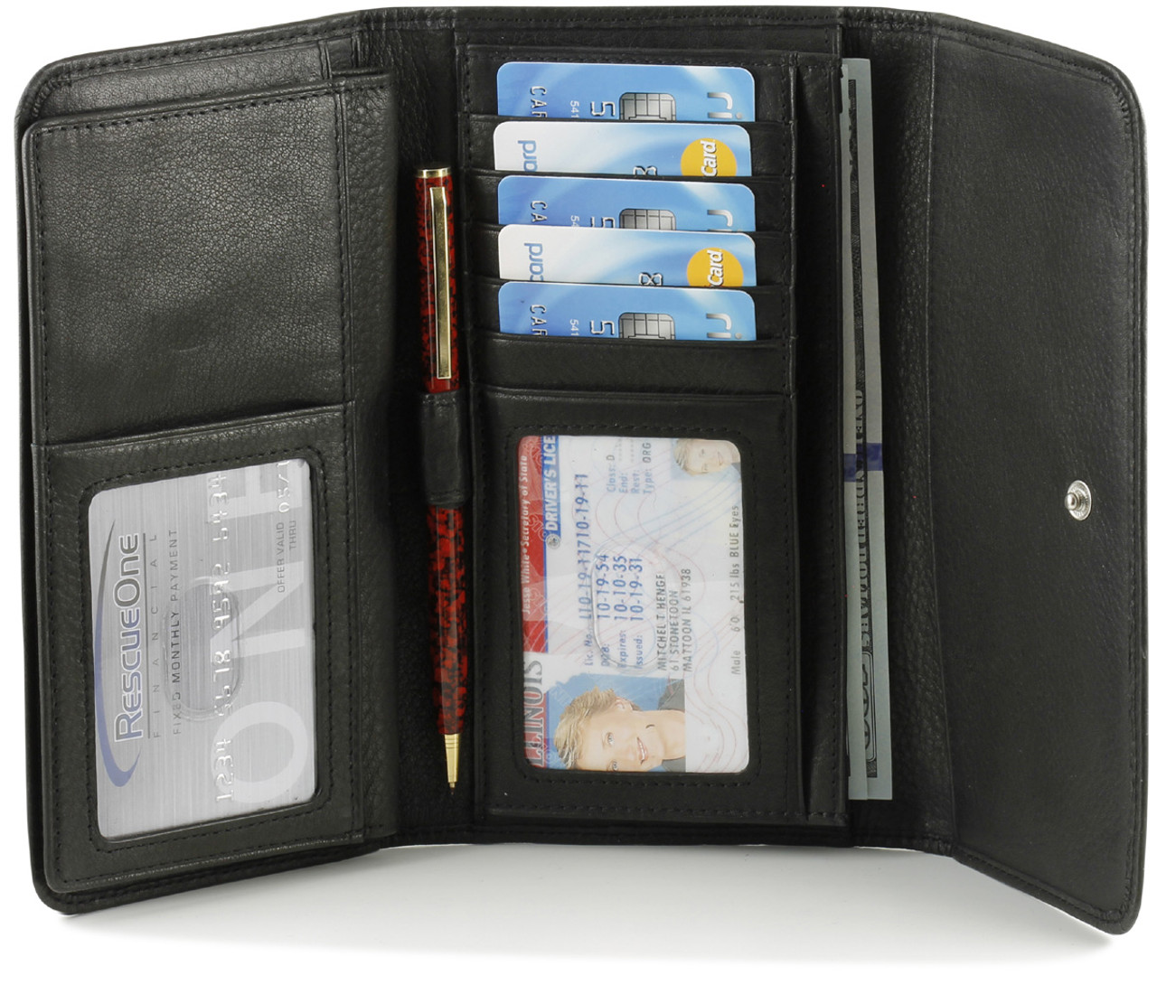 Black Leather Wallet Checkbook Holder Large Womens Wallets 