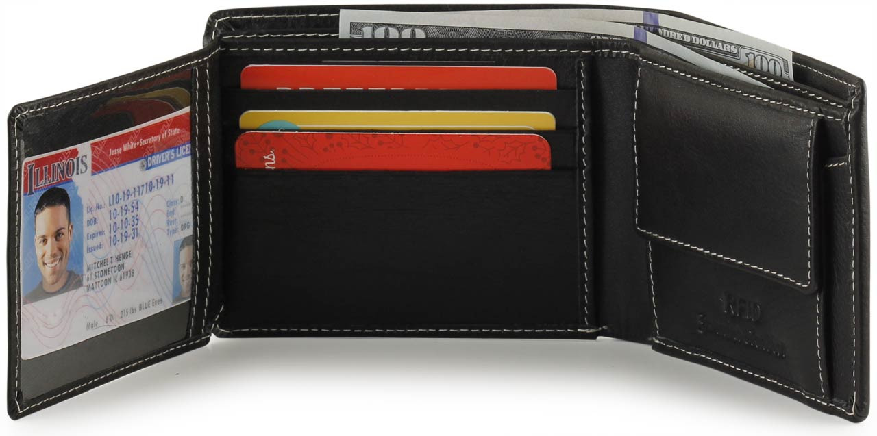 L Shape Money Clip Wallet ID Credit Card Holder Bifold Black Genuine  Leather Men