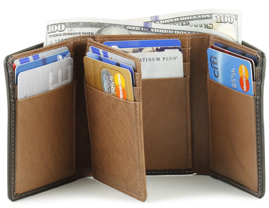 RFID Mens Trifold Leather Wallet with Extra Flap - Black