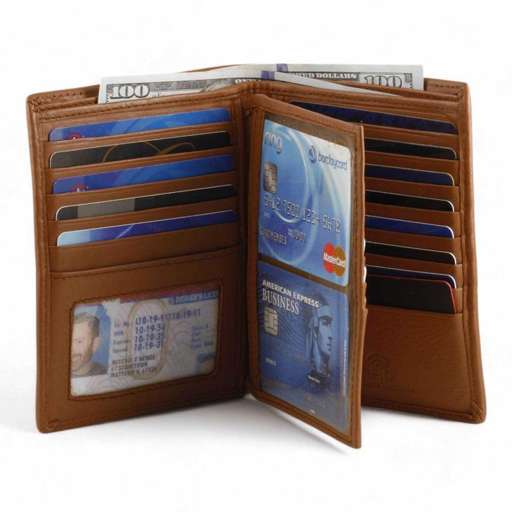 RFID Double High Extra Page Bifold Wallet - Tan