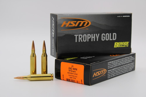 HSM AMMUNITION 243 WIN 87GR BERGER HNT VLD 20RD BOX 25 BOXES PER CASE