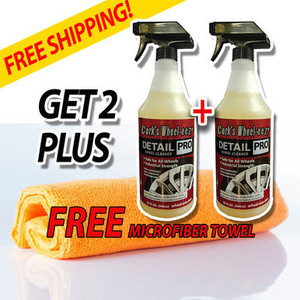 Cork's Wheel-eez® Detail Pro™ wheel cleaner offers the best in class wheel cleaner for professional detailers.  Detail Pro™ can be used with ALL Wheel types.  It is noncorrosive and safe to use, along with being biodegradable.  No more relying on harsh chemicals for your tough to clean wheels.  

Just spray first with water, then mist Wheel-eez® Detail Pro on wheel.  Leave on for a few minutes for tough greasy dust and grime.  Agitate as needed and rinse away for a clean shiny wheel. 

2x 32oz Bottle with Spray Trigger & FREE Microfiber Towel