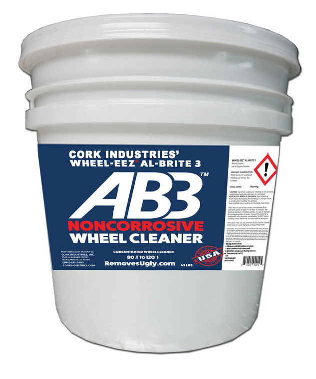 Cork's Wheel-eez® Al-Brite 3™ for Car Washes
• NONCORROSIVE • NO HF • NO ABF
Safe Wheel Cleaner that really works!

Use it just like a traditional wheel cleaner - spray on by hand or with automatic applicator and rinse off!  
This product may be diluted to meet specific Tunnel and In-Bay needs. 
Replacing corrosive wheel cleaners with our noncorrosive formula is better for the environment, 
And it’s also better for your bays - it's easier on car wash floors, conveyors, and fixtures. 

Highly Concentrated