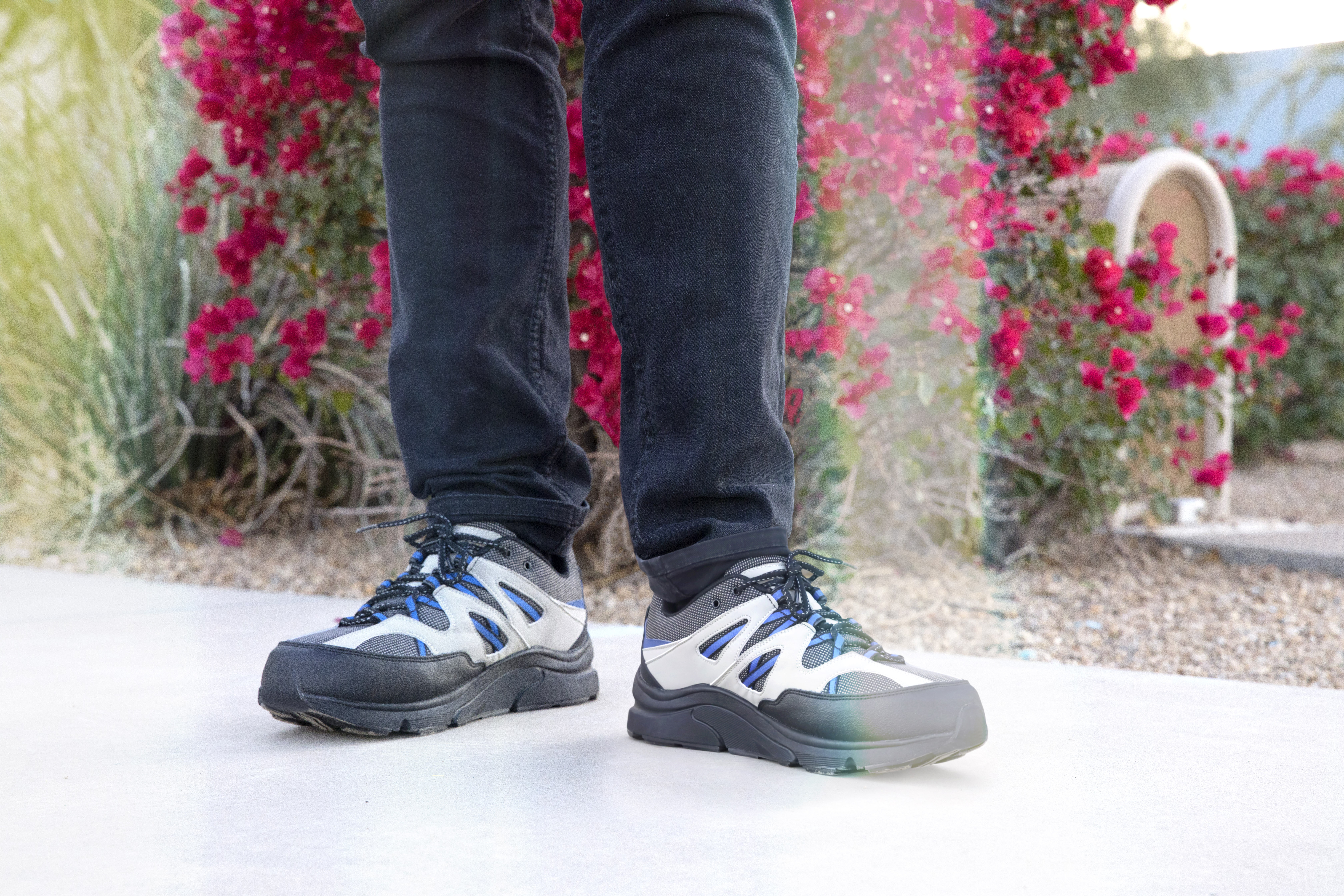 Close up of man wearing Men's Trail Runner Active Shoe - Sierra Gray/Blue