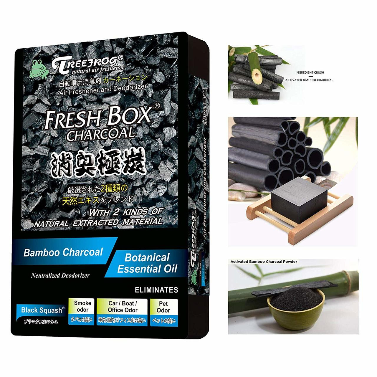 Treefrog Xtreme フレッシュ ボックス チャコール ブラック スカッシュの香り ホワイト ピーチ Ne  車用芳香剤、消臭剤、中和剤の空気、素晴らしい香り、黒竹炭、200g。