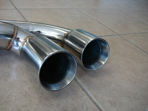 Top Speed Pro1 stainless steel cat-back exhaust system for Ferrari F430, featuring polished 89mm rolled-edge tips and TIG-welded mandrel-bent piping