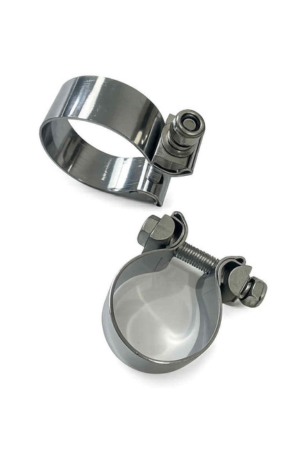 Close-up view of the exhaust clamp and connection on the Top Speed Pro-1 Audi R8 rear section exhaust, demonstrating secure bolt-on installation and included hardware.