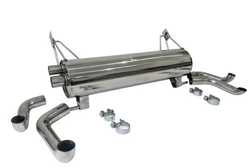 Three-quarter angle view of the Top Speed Pro-1 performance rear exhaust for Audi R8 V8, highlighting polished stainless steel piping and factory mounting points.