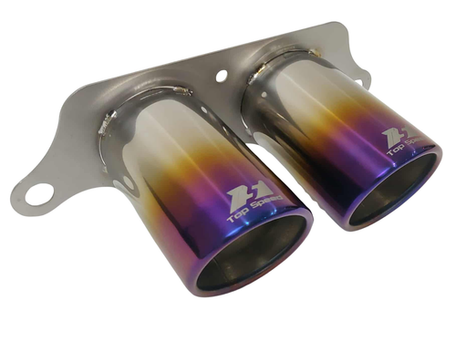 Porsche GT3 titanium exhaust tips in burnt blue and burnt purple finish, 89mm (3.5-inch) outer diameter, lightweight 100% titanium construction, direct bolt-on upgrade shown installed on Porsche 991 GT3 and 997 GT3RS.