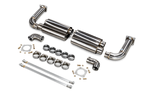 Top Speed Pro1 Porsche 997.2 Turbo, Turbo S, GT2 & GT2 RS 2010-2013 T304 stainless steel rear exhaust system kit with polished mufflers, mandrel-bent piping, clamps, mounting hardware, and direct bolt-on components.