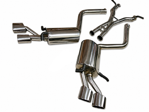 TOP SPEED PRO-1 Performance Catback Exhaust System for Mercedes-Benz C63 AMG W204 V8 2008-2013 featuring polished T304 stainless steel construction, 63mm mandrel-bent piping, dual mufflers, and quad 120mm x 76mm oval exhaust tips with complete installation hardware.