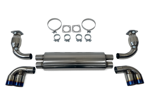 Top Speed Pro1 T304 stainless steel rear exhaust system for Porsche 997.2 Turbo, featuring mandrel-bent piping, resonated muffler, quad exhaust tips, and complete mounting hardware.