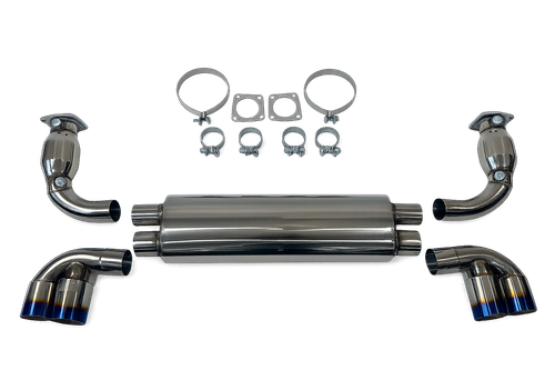 Top Speed Pro1 T304 stainless steel rear exhaust system for Porsche 997.2 Turbo, featuring mandrel-bent piping, resonated muffler, quad exhaust tips, and complete mounting hardware.