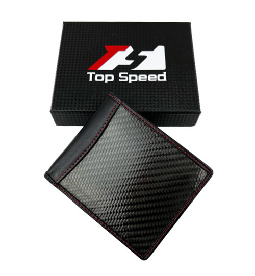 Men Glossy Black Carbon Fiber with Black Soft Calf Leather Bi-Fold Wallet