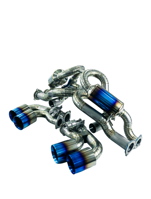 Laid-out view of the TOP SPEED PRO-1 Full Titanium Rear Section Exhaust System for the Lamborghini Gallardo (2004–2008). The system features a pie-cut titanium construction with precision TIG welds and heat-treated coloration. Visible are four integrated resonators—two smaller (63mm) and two larger (76mm)—along the midsection, and factory-style valve motor flanges at the inlet. The lightweight structure and gradient titanium hues emphasize its F1-inspired design and premium craftsmanship.


