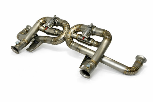 Full view of the TOP SPEED PRO-1 Full Titanium Rear Section Exhaust System for the Lamborghini Gallardo (2004–2008), laid out on a clean surface. The system features precision TIG-welded pie-cut titanium piping, transitioning from 41mm to 57mm diameter for F1-style acoustics. Four inline resonators are integrated—two smaller (63mm) and two larger (76mm)—strategically placed to refine the aggressive sound. The factory valve flanges are visible, designed for OEM motor compatibility. The system has a raw titanium finish with blue/purple heat marks near the welds, showcasing expert craftsmanship and lightweight design.