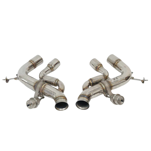 Top Speed Pro1 valved stainless steel rear section straight pipe exhaust system for Ferrari California T 2015–2018 – full view showing both sides with V-band clamps and valve housings.
