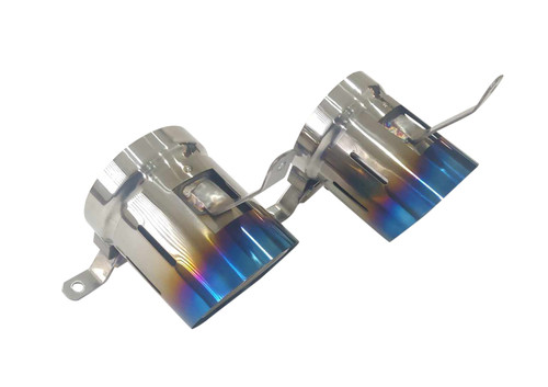 Ferrari 488 GTB Titanium Exhaust Tips – sold as a pair, shown in Blue and Purple anodized finish. Precision TIG-welded, lightweight, and heat-resistant.